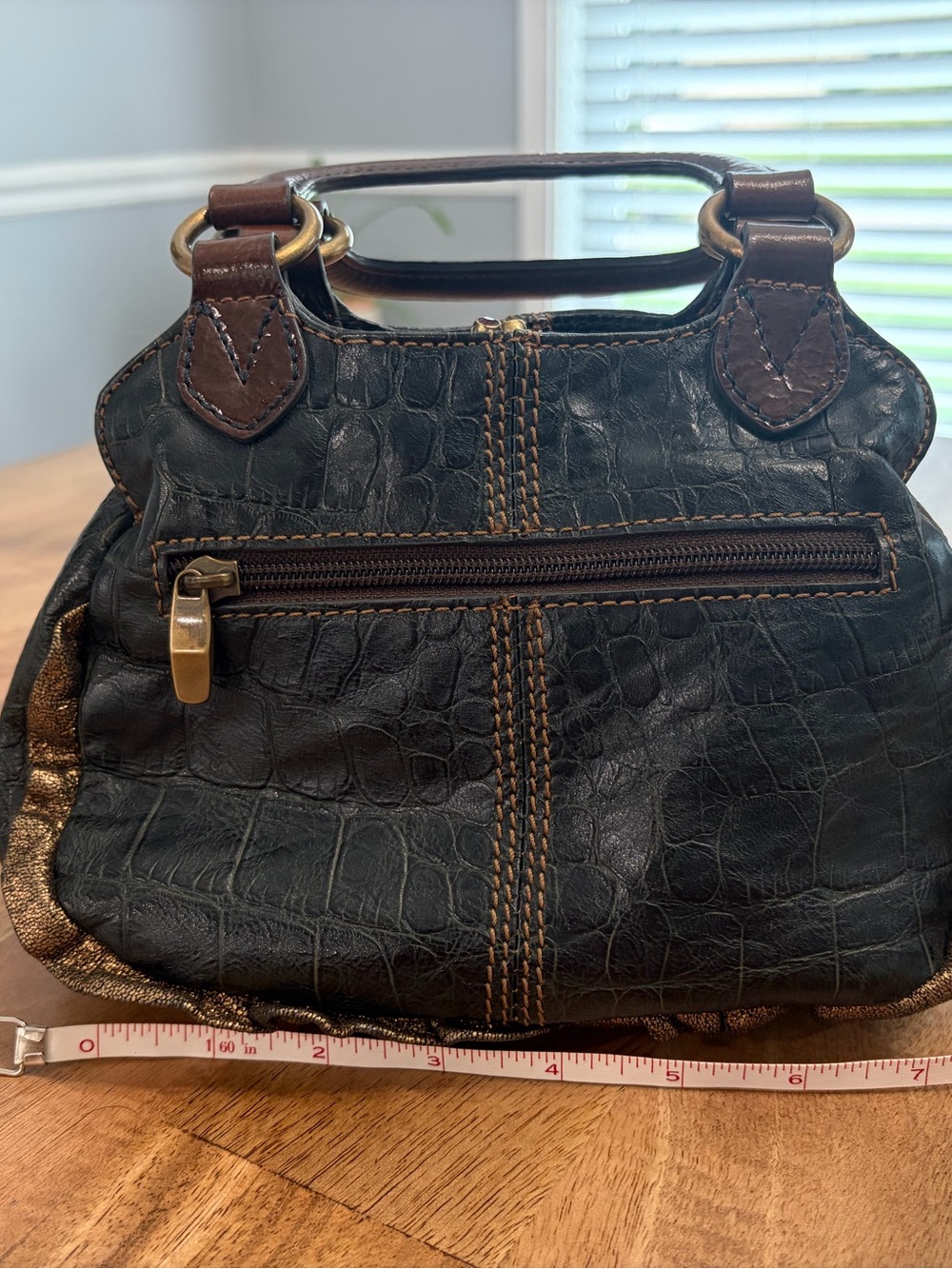 Vincis Bench Croc-Embossed Black Satchel with Brown Trim and Gold Hardware